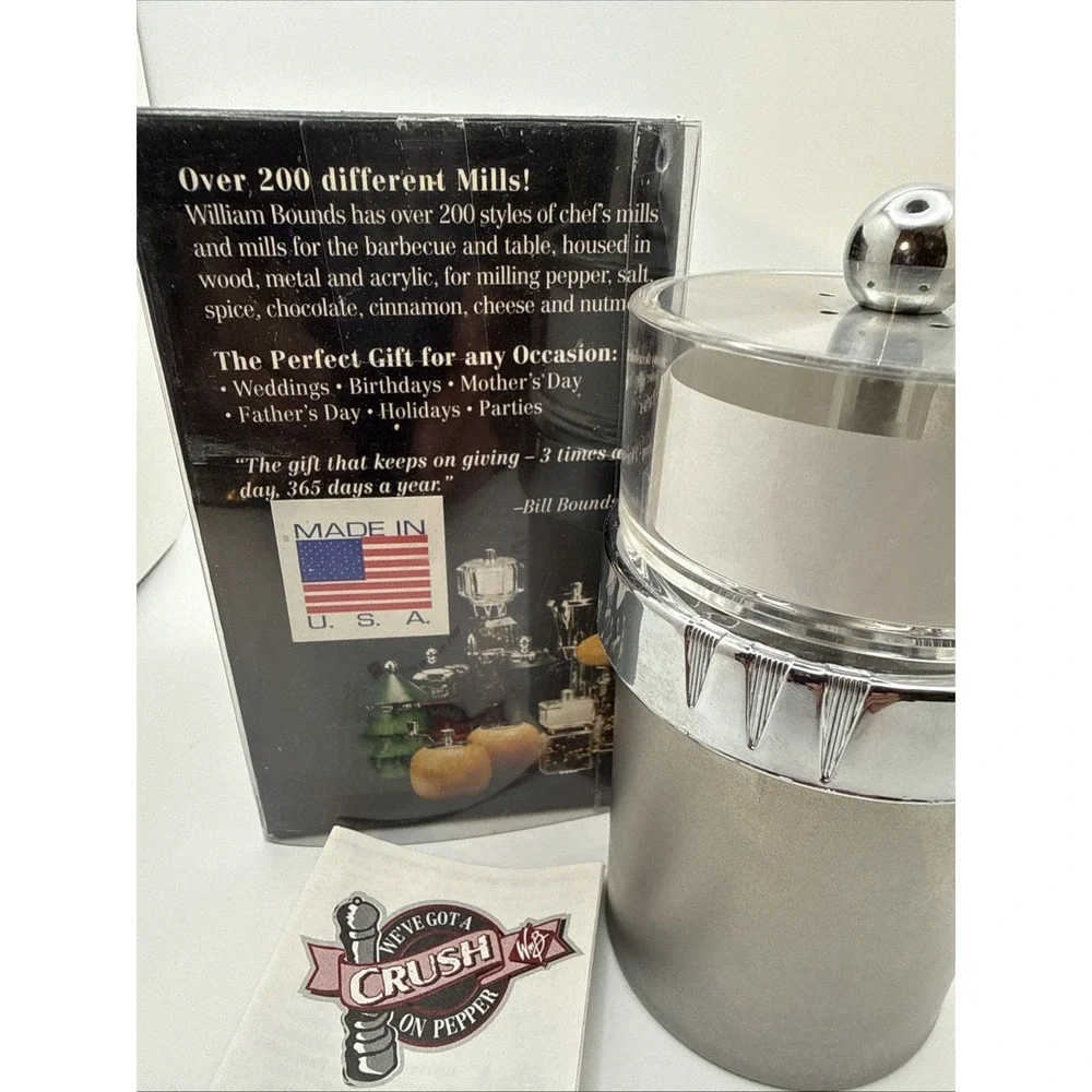 William Bounds Chrome Acrylic Adjustable Pepper Or Salt Grinder Mill USA